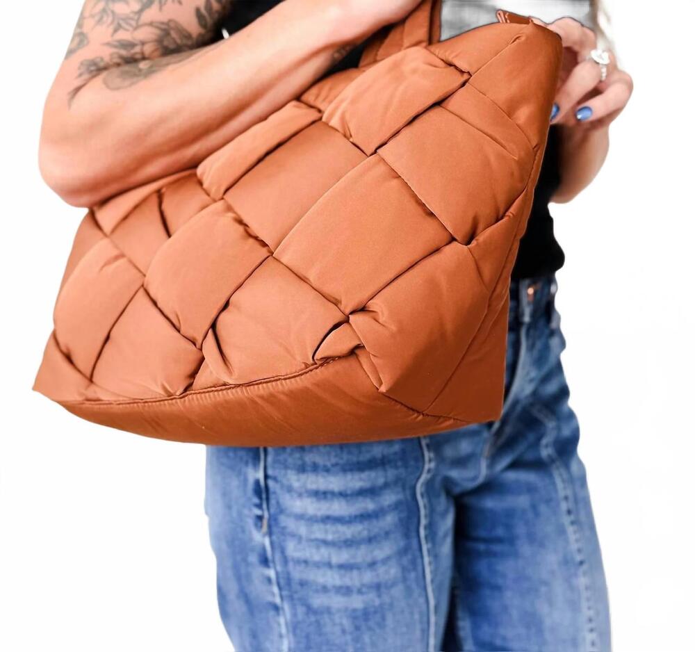 NEW JOIA women's quilted puffer tote bag in brown